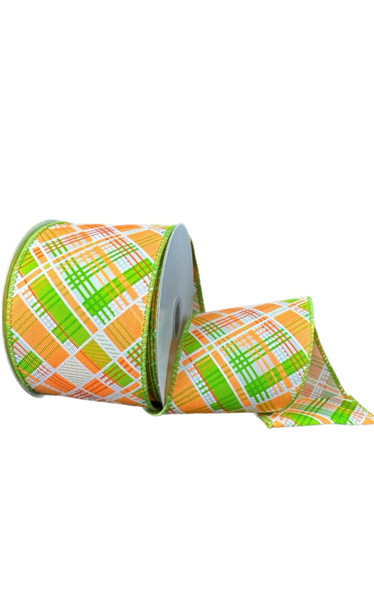 10 Yards - 2.5” Wired Neon Green, Orange, and White Diagonal Cabot Printed Plaid Ribbon