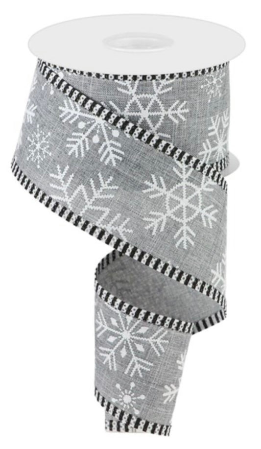 10 Yards - 2.5" Wired Gray Background White Snowflake Ribbon