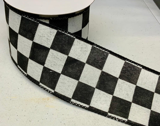 Wired Ivory Linen and Black Watercolor Check Ribbon- 2.5” x 10 Yards