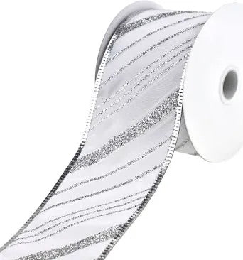 10 Yards - 2.5” Wired Silver Glitter Diagonal Stripe Ribbon