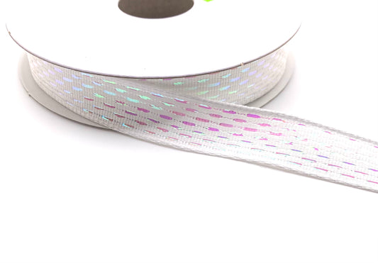 10 Yards - 5/8" Wired White Iridescent Metallic Dash Ribbon