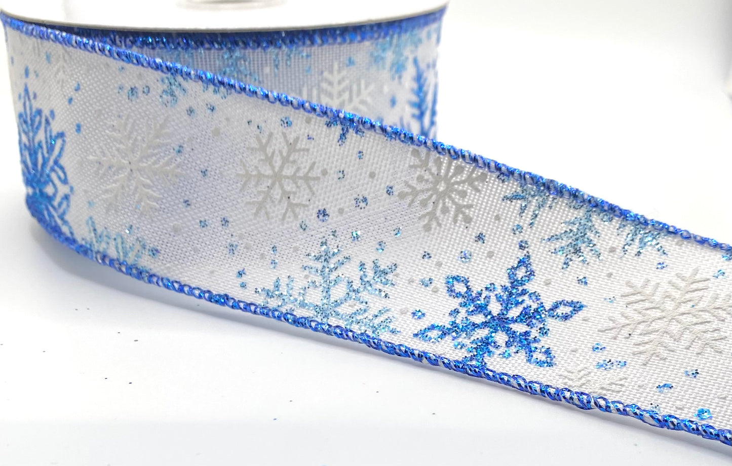 10 Yards - 1.5” Wired White Linen Blue Glitter Snowflake Ribbon