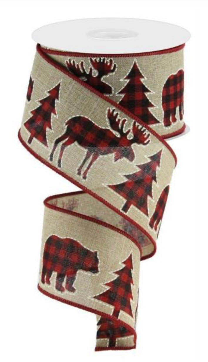 10 Yards - 2.5" Wired Red and Black Check Moose, Tree and Bear Ribbon