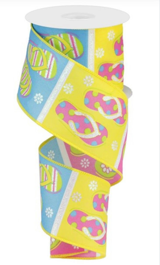 10 Yards - 2.5" Yellow and Blue Block Flip Flop Ribbon with Glitter Accent