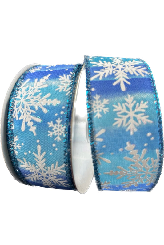 Wired Royal Blue Aqua Ombré Satin White Snowflake Ribbon- 1.5”x10 Yards