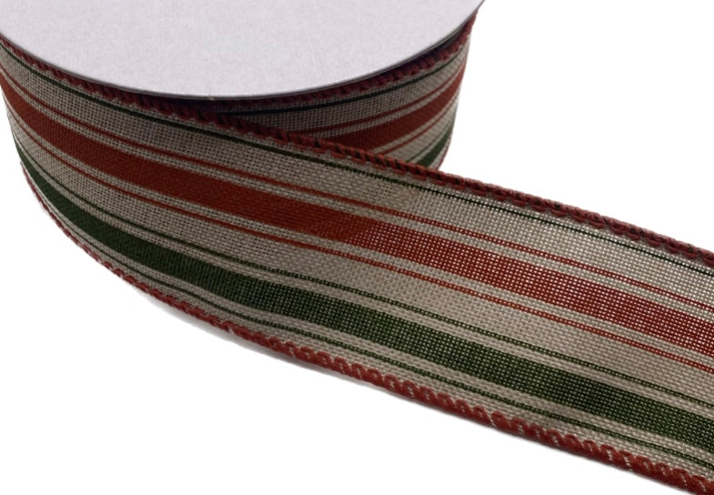 10 Yards - 1.5” Wired Natural Linen Background Orange and Green Vertical Stripes Ribbon