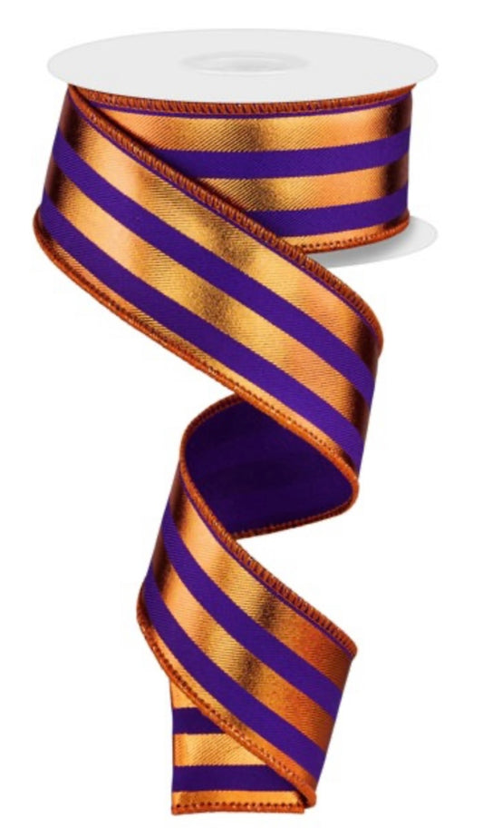 10 Yard - 1.5” Wired Orange and Purple Metallic Vertical Stripe Ribbon