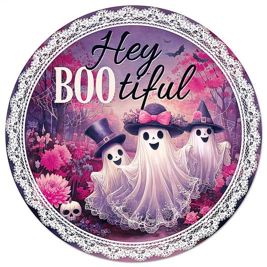 12" Round Metal Hey Boo Tiful Wreath Signs