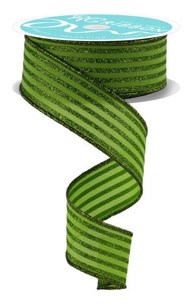Wired Lime Vertical Stripe Glitter Accent Ribbon- 1.5”x10 Yards