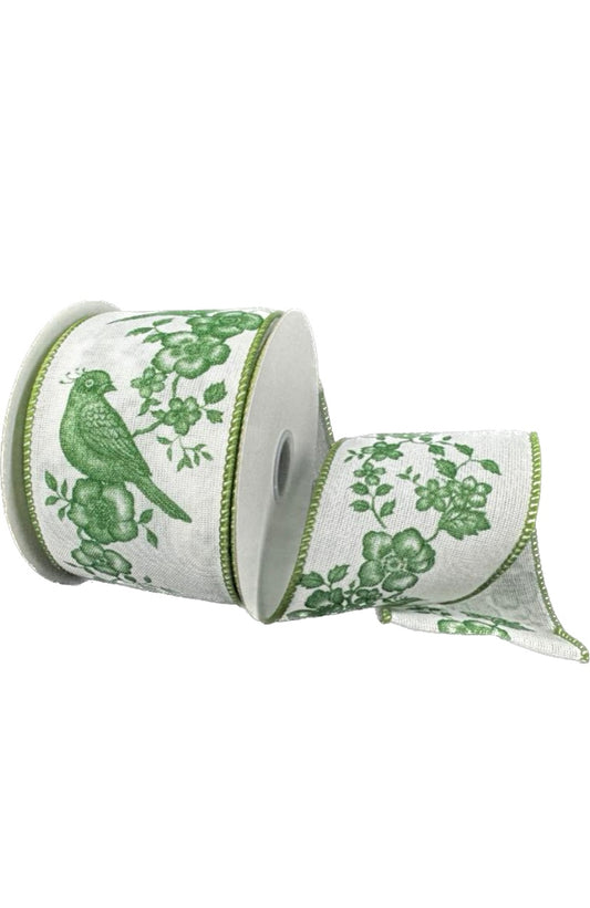 Wired White Linen Sage Chinoiserie Bird Garland- 2.5”x10 Yards