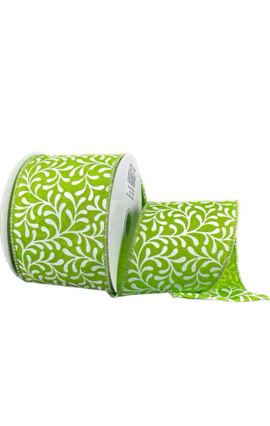 Wired Green Satin White Rounded Vines Ribbon- 2.5”x 10 Yards