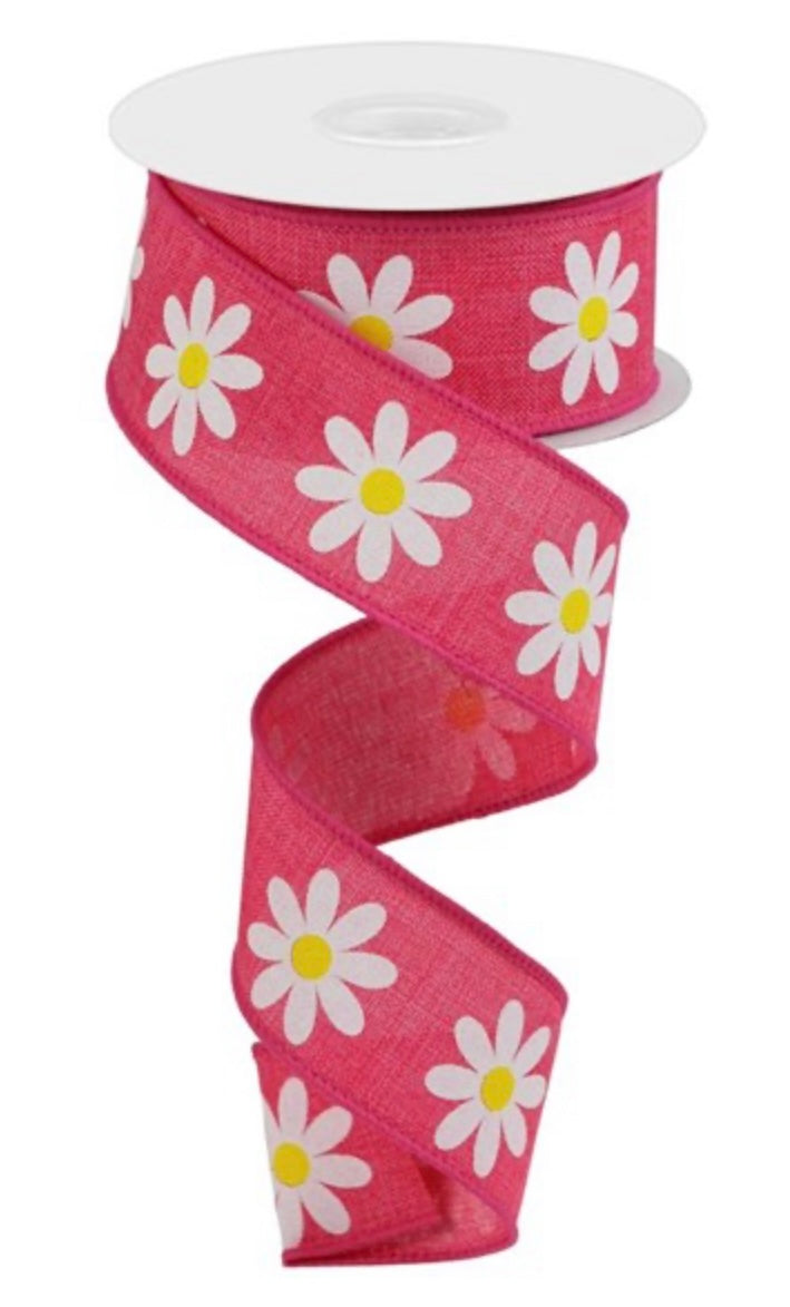 10 Yards - 1.5” Wired Hot Pink with Daisy Ribbon