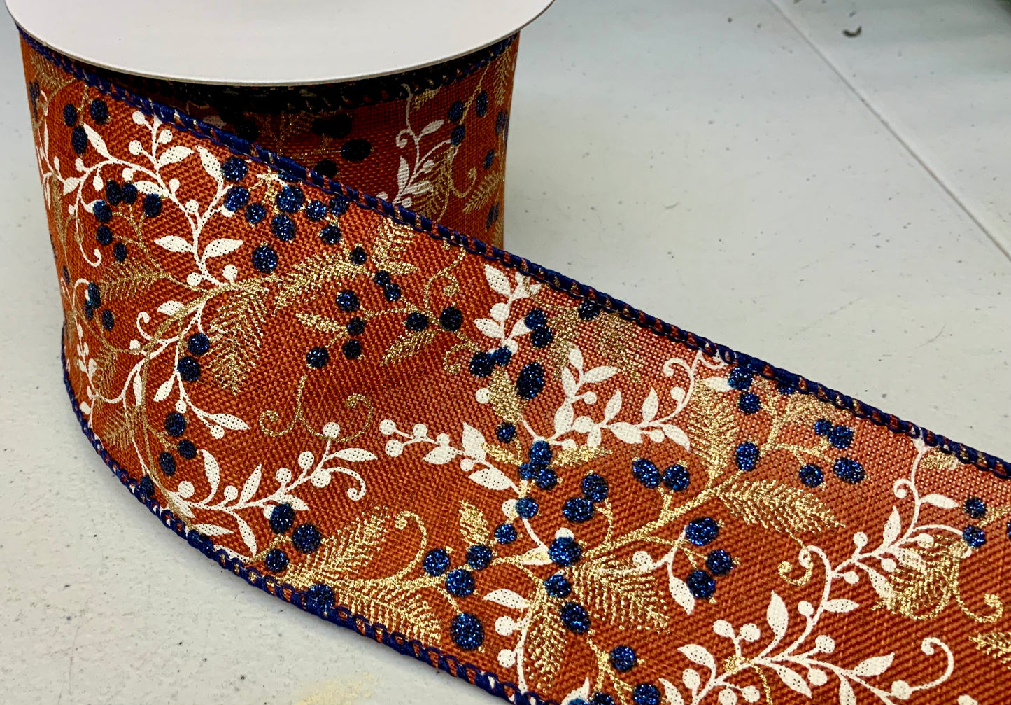Wired Orange Leaves with Navy Blueberries on Poly Linen Ribbon- 2.5”x10 Yards