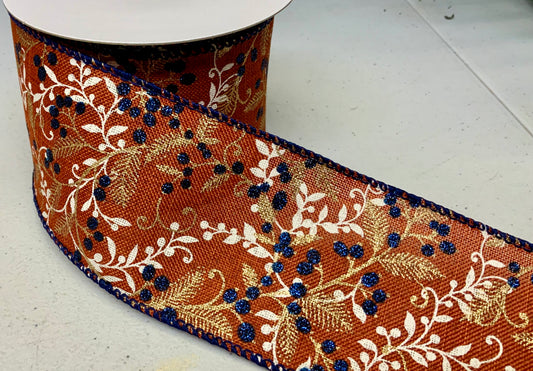 Wired Orange Leaves with Navy Blueberries on Poly Linen Ribbon- 2.5”x10 Yards