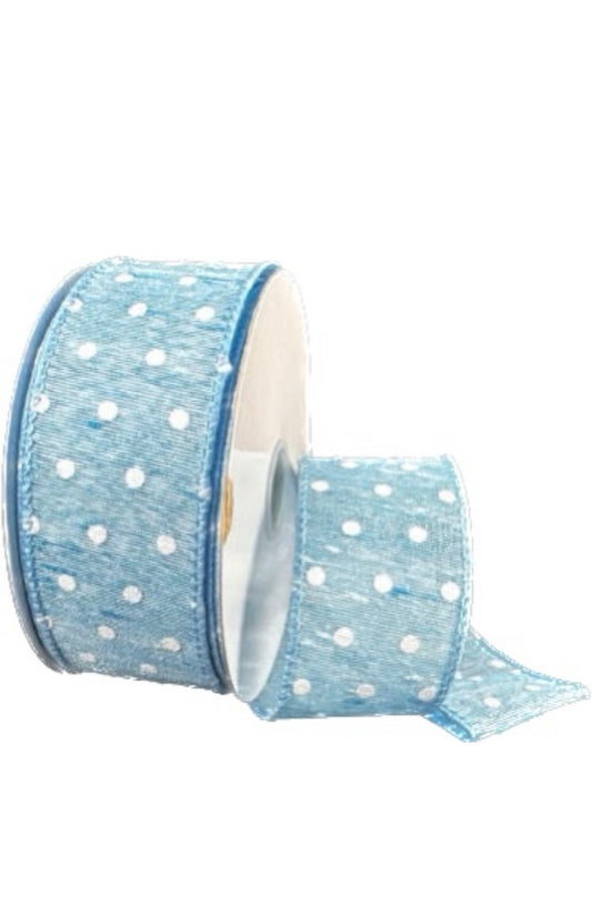 Wired Light Blue Satin Glitter Line White Dots Ribbon- 1.5”x10 Yards