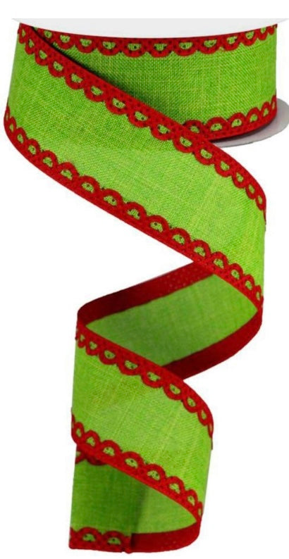 Wired Lime with Scalloped Red Border Cross Royal Burlap Ribbon-1.5”x10 Yards