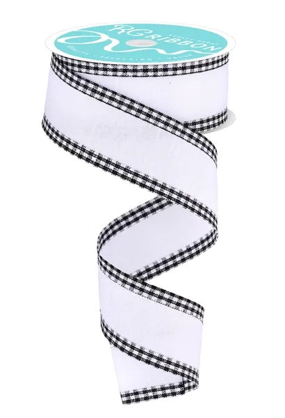 Wired White Background with Black and White Gingham Check Edge Ribbon-1.5”x10 Yards
