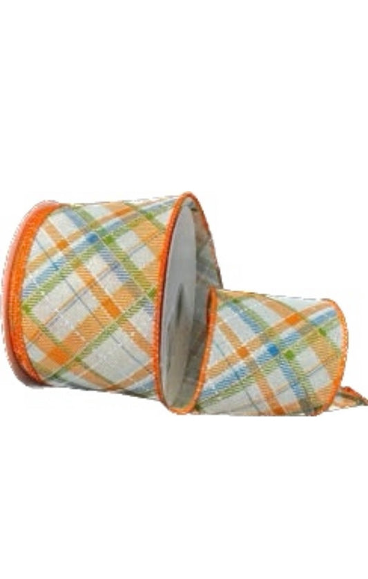 Wired Orange, Green, and Cream Diagonal Cross Printed Plaid Ribbon-2.5x10 Yards