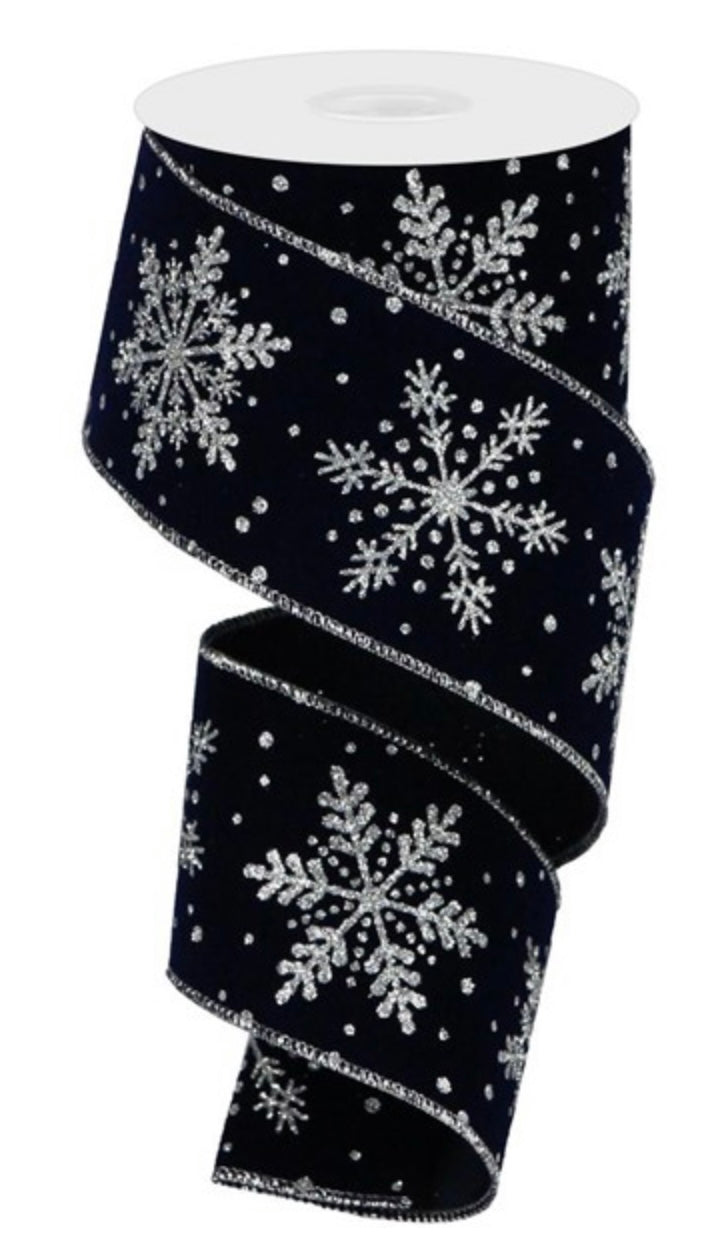 10 Yards - 2.5" Wired Black Velvet Silver Snowflake Ribbon