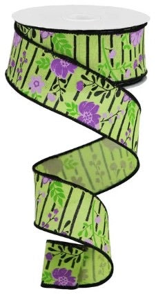 Wired Green with Lavender Floral Ribbon- 1.5”x10 Yards