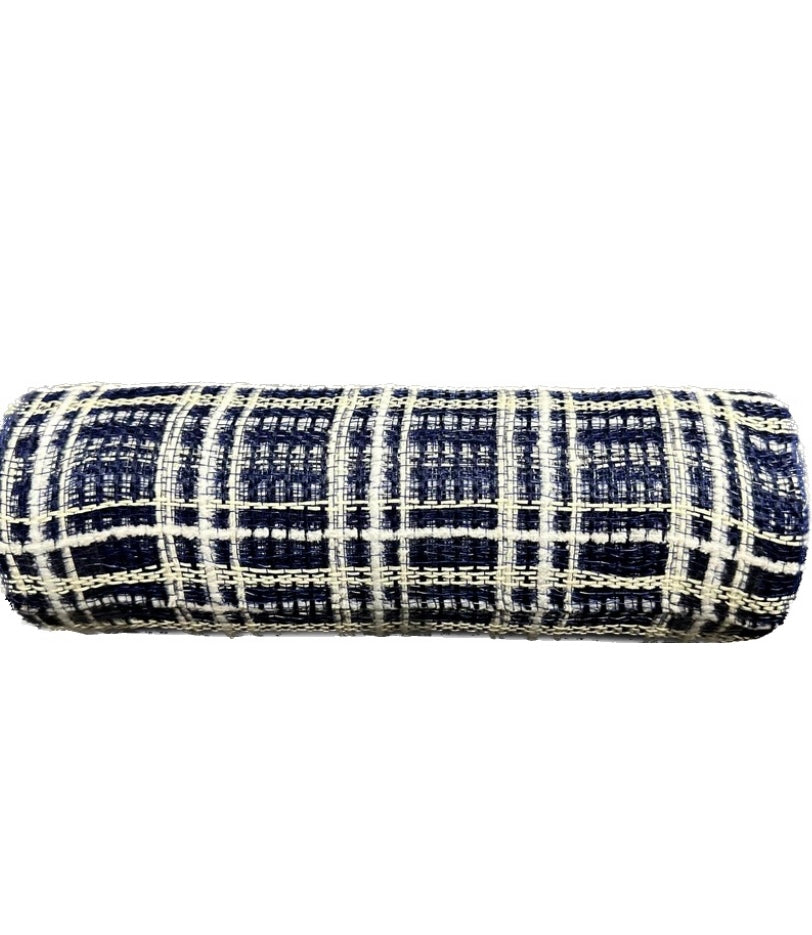 10”x 10 Yards Navy, Cream and White Jute Fuzz Plaid Mesh