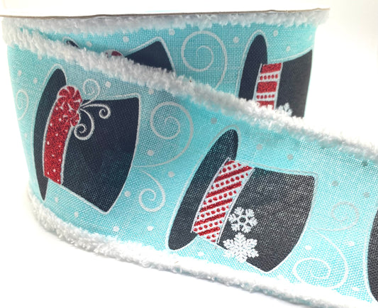 2.5”x 10 Yards- Snowman Hat Ribbon on Light Blue Background with Snowdrift Edge