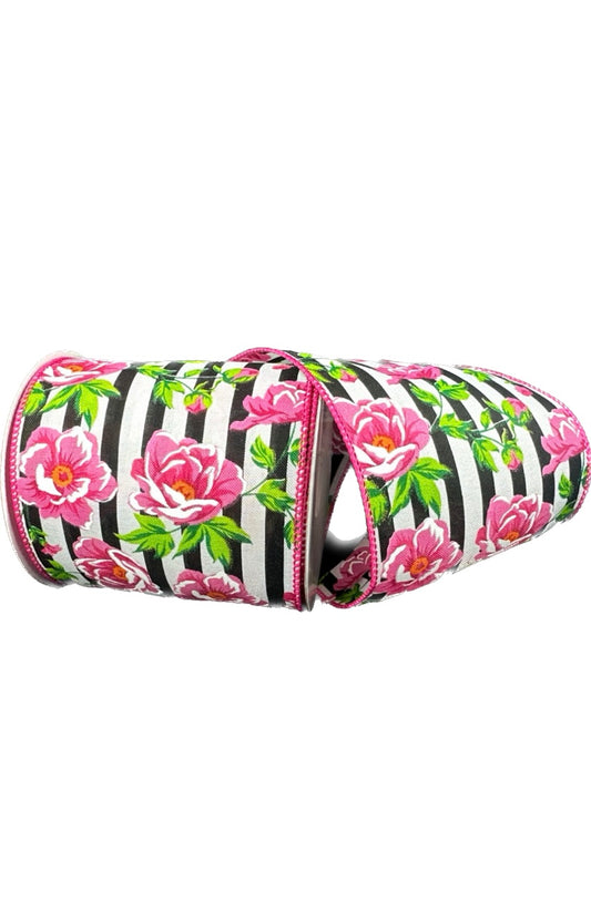 10 Yards - 4” Wired Black and White Cabana Stripe Pink Peonies Ribbon