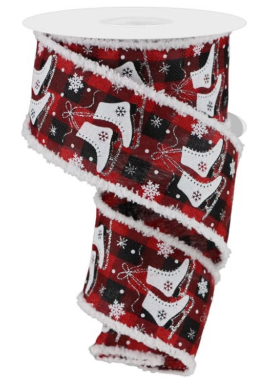 Wired Ice Skates on Buffalo Check Background Glitter Accent Ribbon- 2.5”x10 Yards