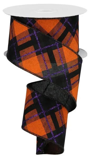 Yards Wired Black, Orange, and Glitter Purple Halloween Cross Plaid Ribbon-2.5”x10 Yards