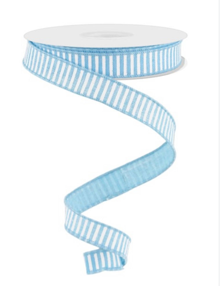 10 Yards - 5/8” Wired Light Blue and White Stripe Ribbon ...