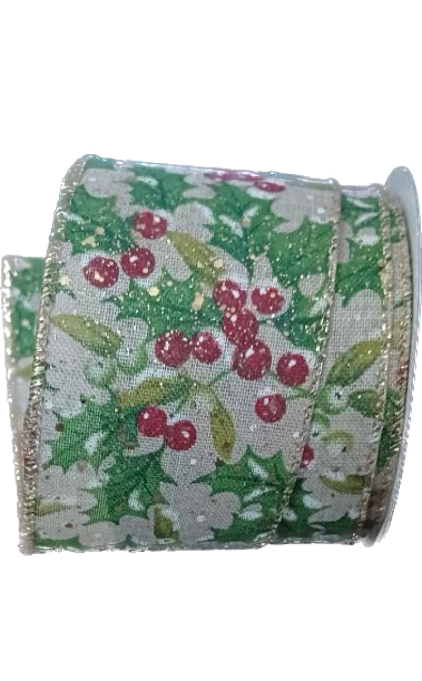 Wired Christmas Holly and Berries Ribbon-2.5”x10 Yards