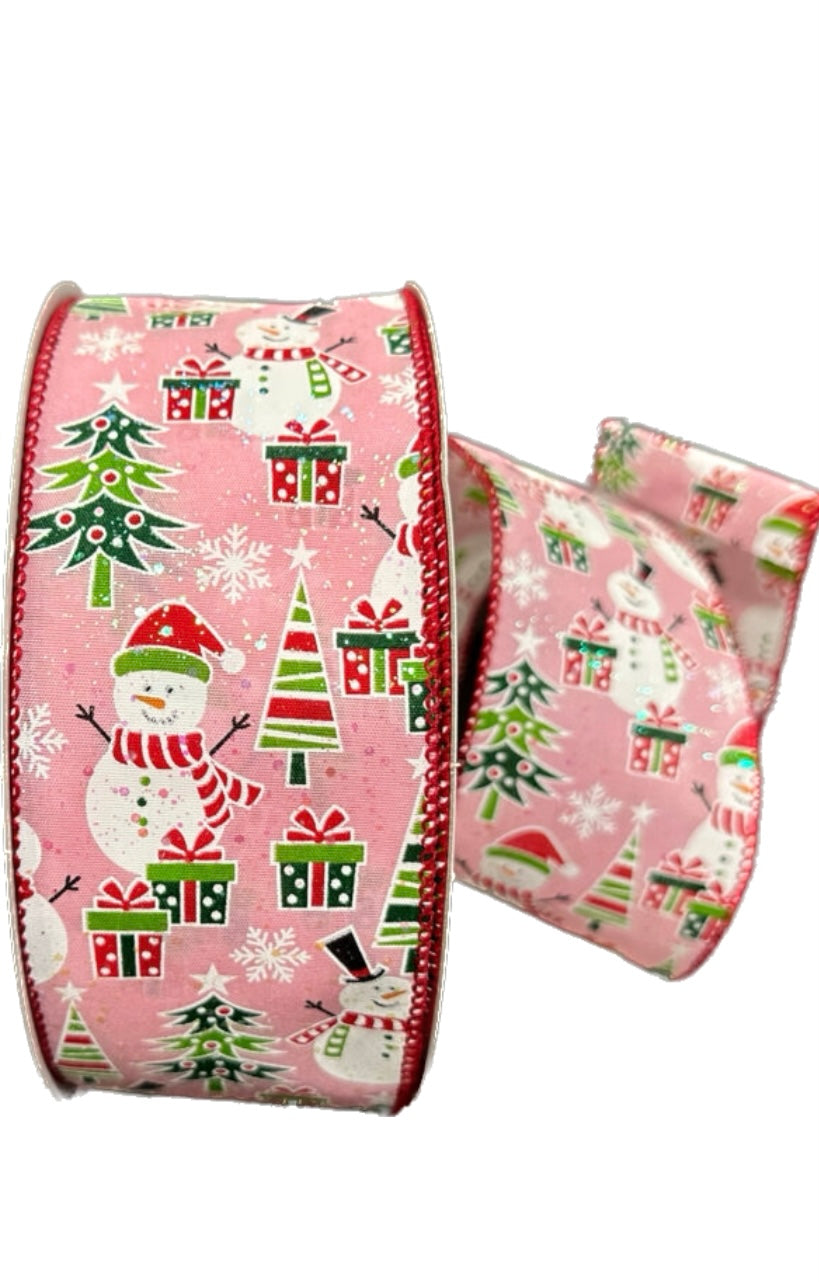Wired Pink Background Snowman Frolicking Glitter Christmas Ribbon-2.5”x50 Yards