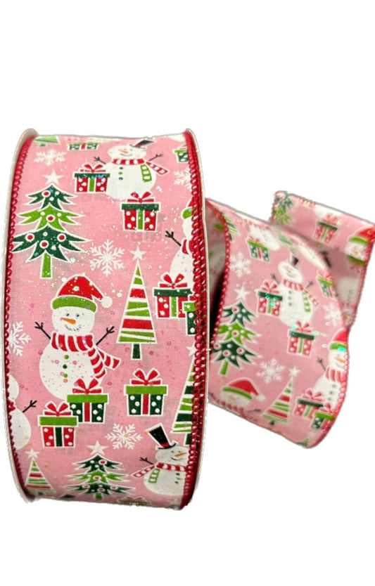 Wired Pink Background Snowman Frolicking Glitter Christmas Ribbon-2.5”x50 Yards
