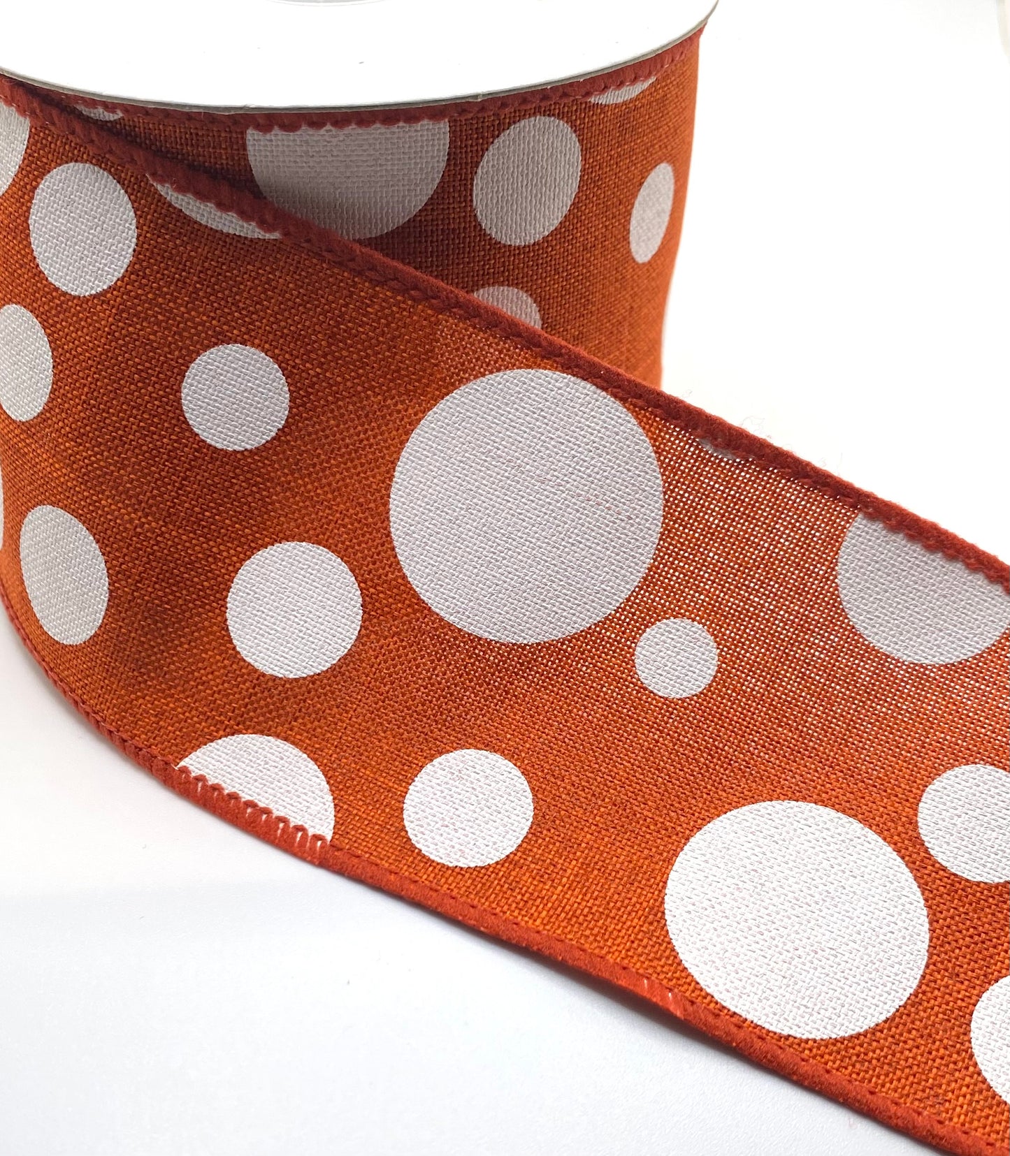 10 Yards - 2.5” Wired Dark Orange and White Polka Dot Ribbon