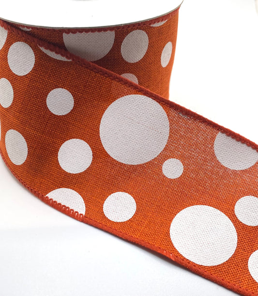 10 Yards - 2.5” Wired Dark Orange and White Polka Dot Ribbon