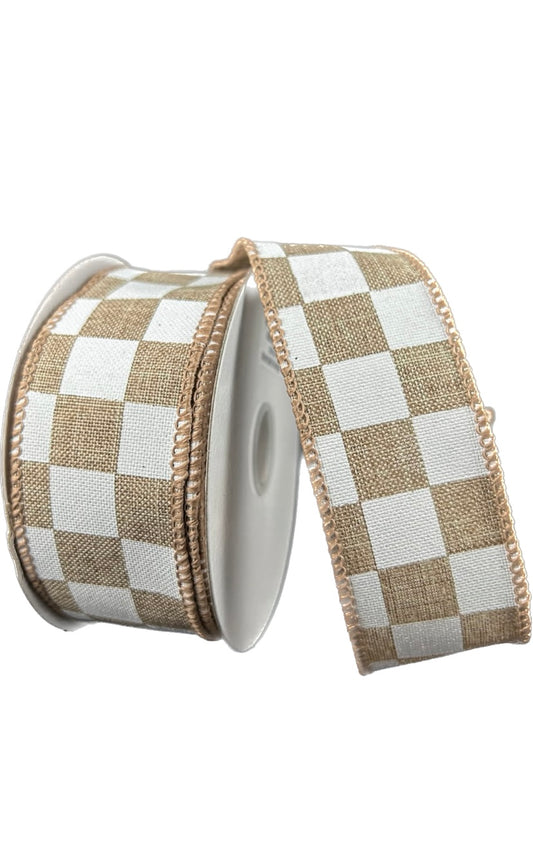 Wired Natural Linen White Race Chex Ribbon- 1.5”x10 Yards