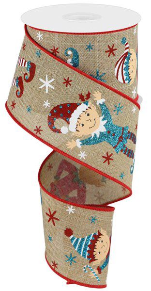 10 Yards - 2.5” Wired Elf on Natural Background Christmas Ribbon