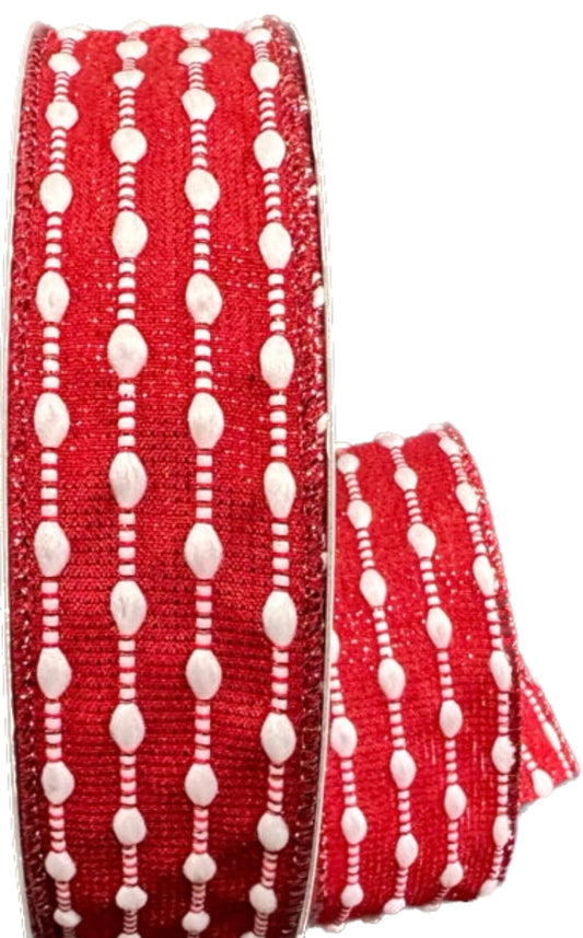 Wired Red Metallic White Snowball Weave Ribbon- 1.5”x 50 Yards