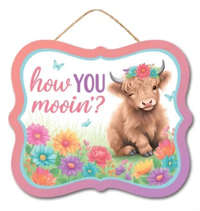 10.5”x9” Highland Cow How You Mooin’ Wreath Sign