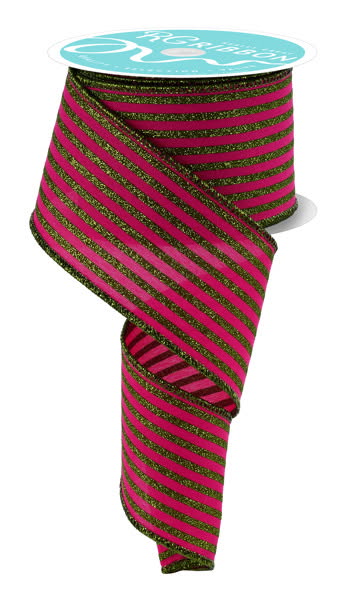 Wired Pink and Lime Vertical Stripe Glitter Accent Ribbon- 2.5”x10 Yards