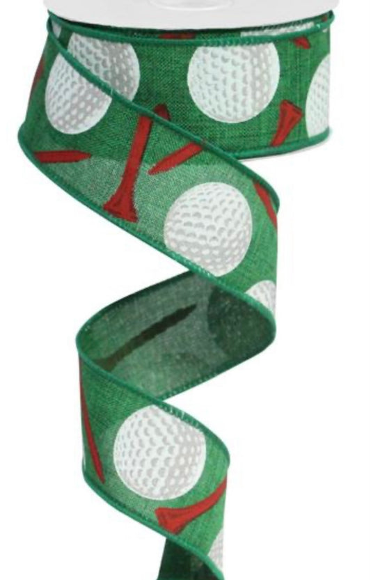 10 Yards - 1.5” Wired Golfing Ribbon on Emerald Green Background