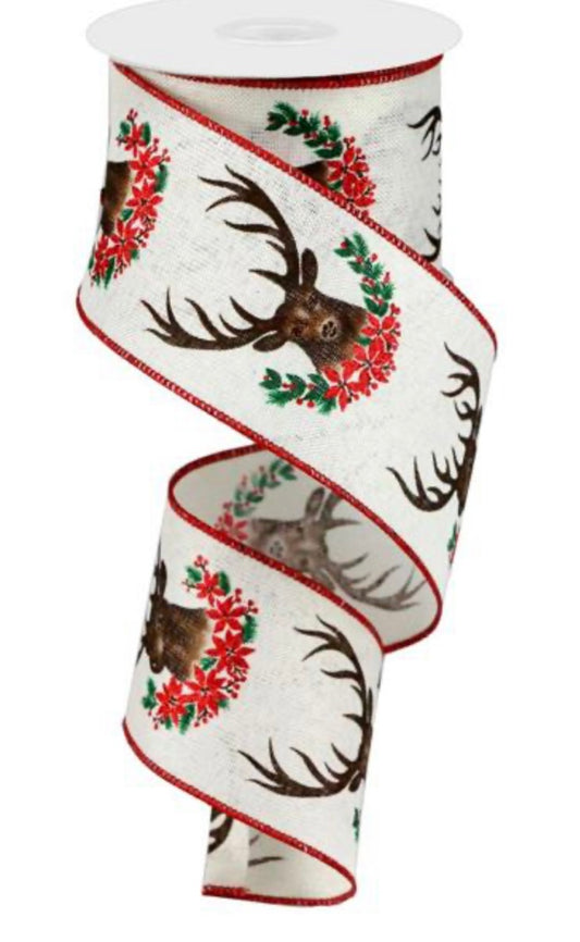 10 Yards - 2.5" Wired Deer Poinsettia Holly on Royal Ribbon