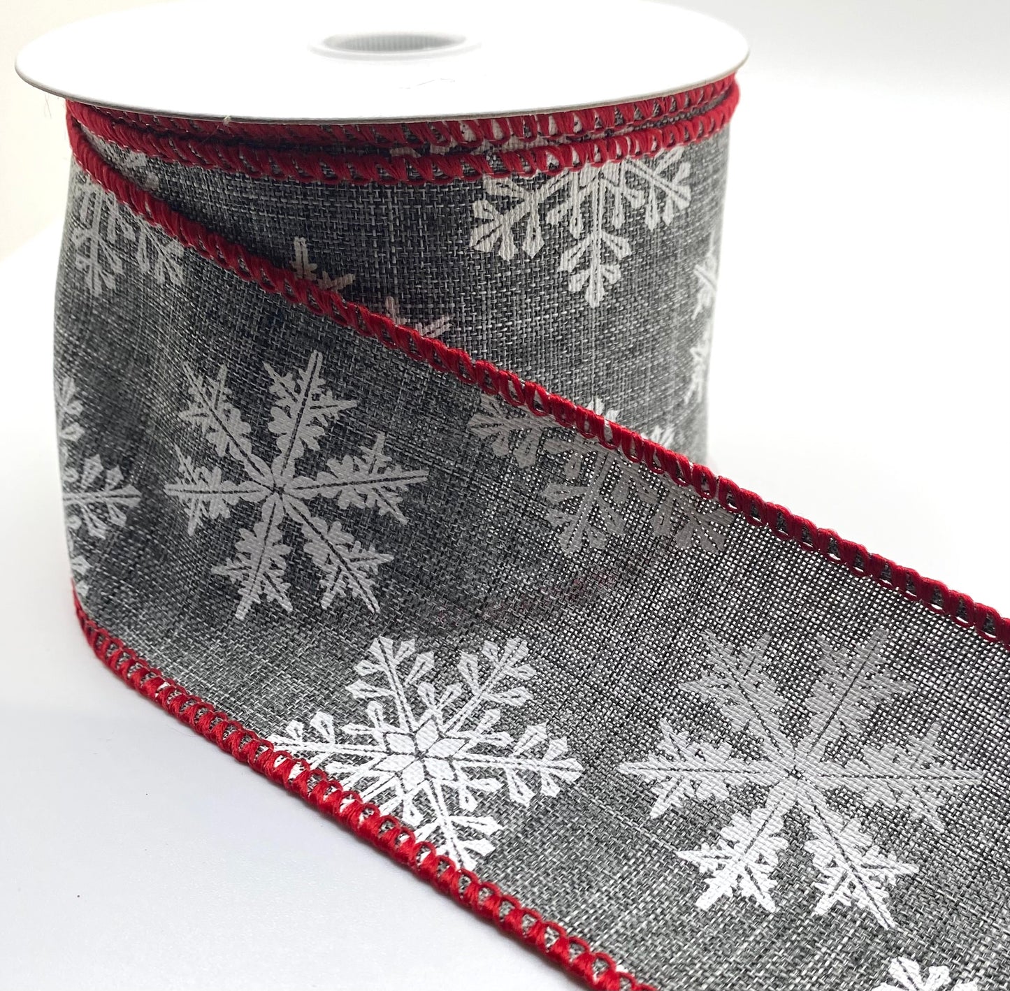 10 Yards - 2.5” Wired Gray and White Snowflake Ribbon