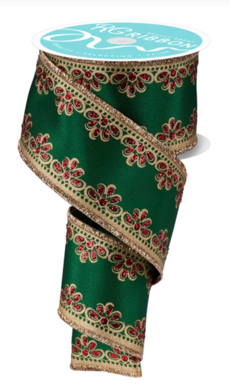 Wired Emerald Green, Gold, and Red Luxurious Scallop Trim Ribbon- 2.5”x10 Yards