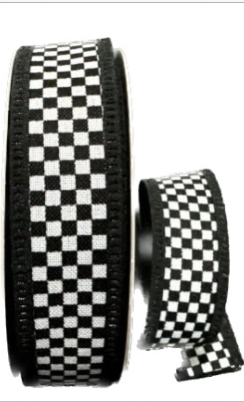Wired Black and White Check Black Trim Ribbon- 1.5”x10 Yards