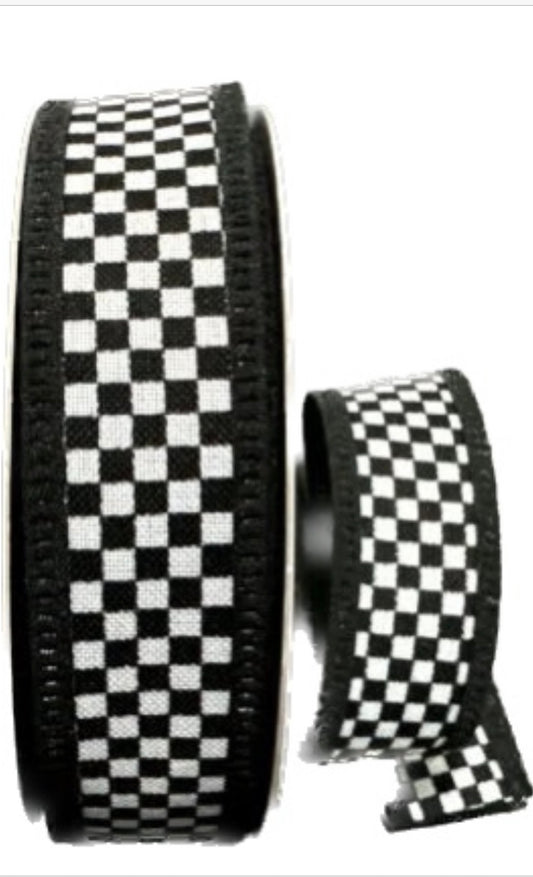 Wired Black and White Check Black Trim Ribbon- 1.5”x10 Yards