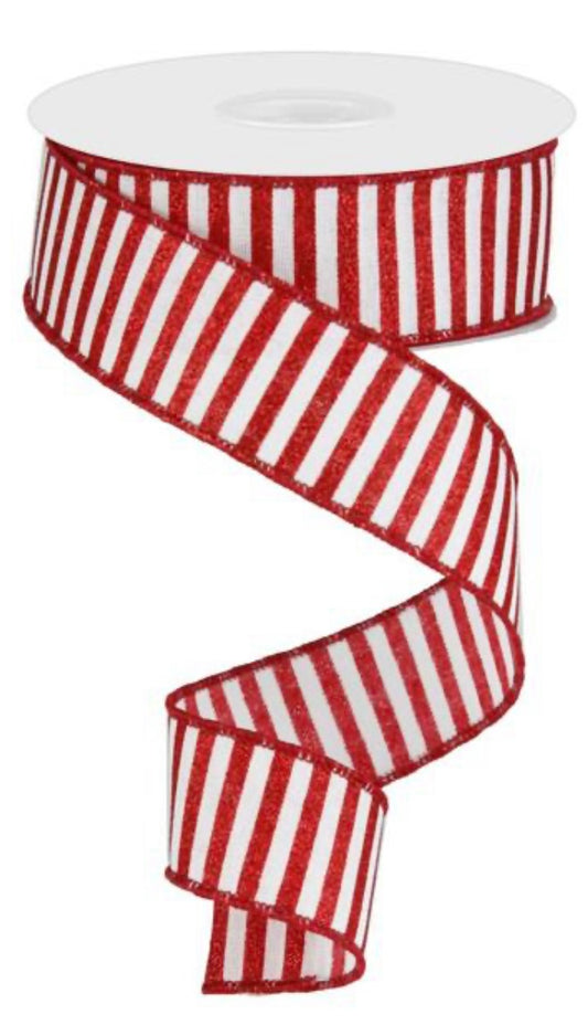 10 Yard - 1.5” Wired Red and White Horizontal Stripe Ribbon