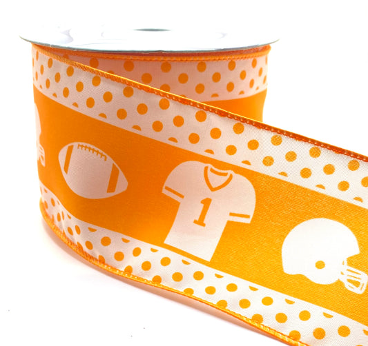 10 Yards - 2.5” Wired Orange and White Satin Football Ribbon