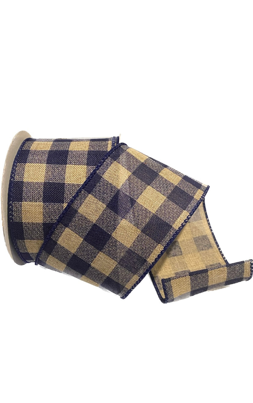 Wired Navy Blue and Tan Check Ribbon- 2.5”x10 Yards