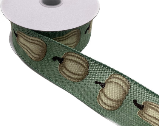 10 Yards - 1.5” Wired Pale Green Linen White Pumpkins Ribbon